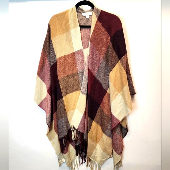Francesca's Plaid Check Shawl Poncho Fringe Wrap Burgundy Red Tan Black One Size - Picture 1 of 9